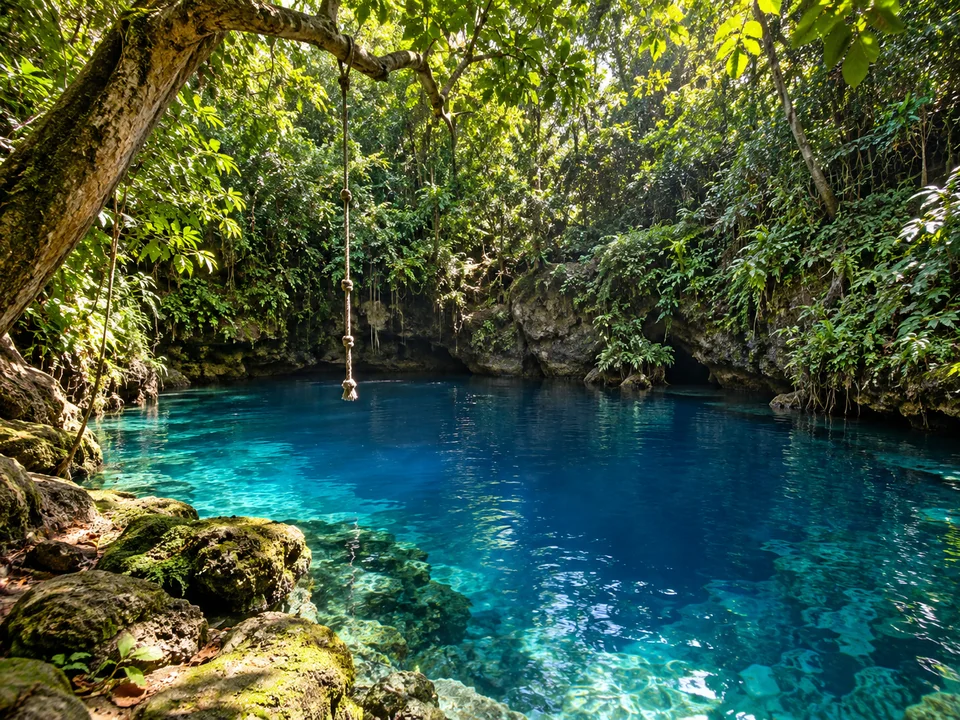 Deep blue water beneath trees and a hanging rope
