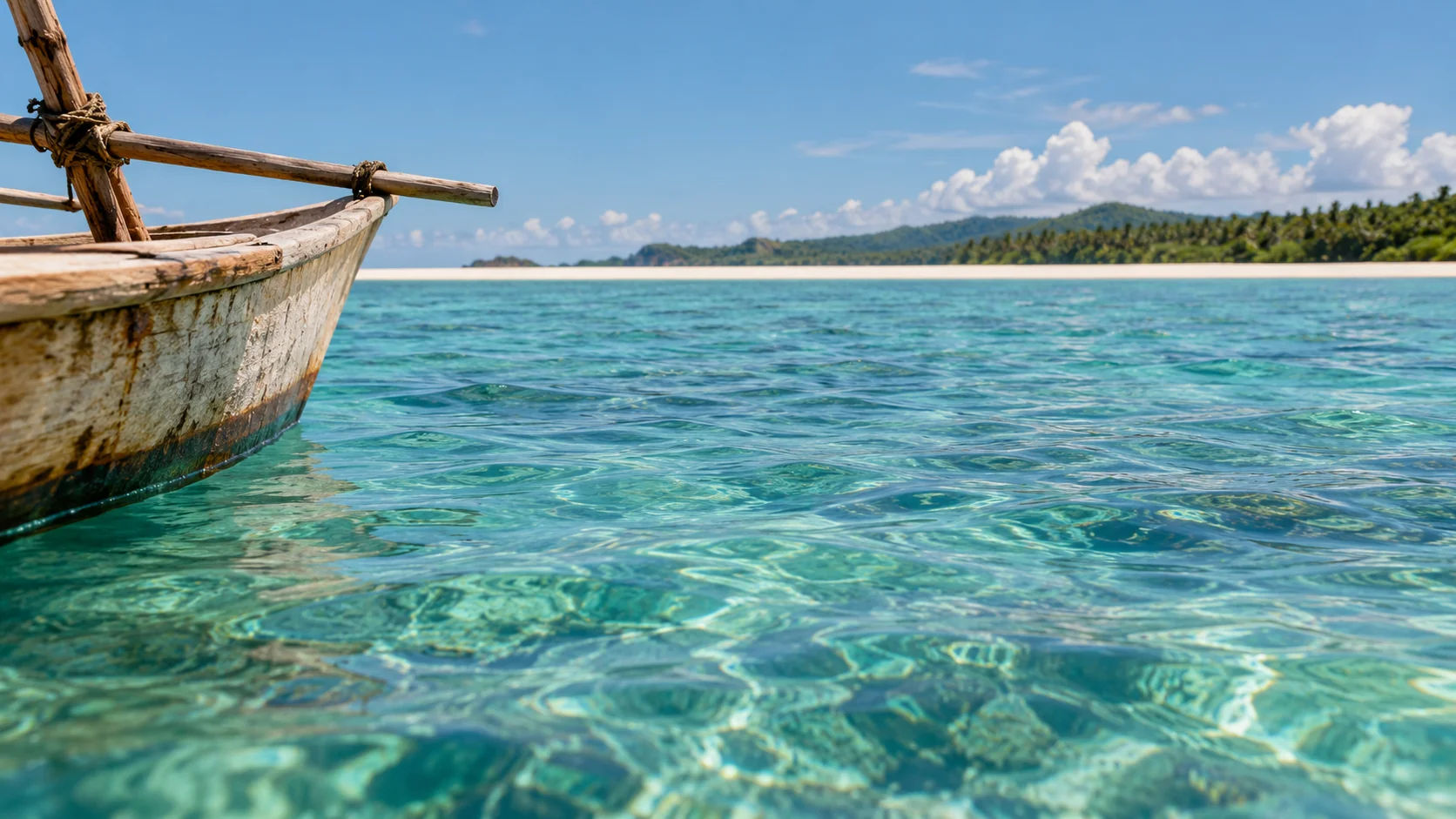 A wooden boat beside clear reef water and a sandy island shore